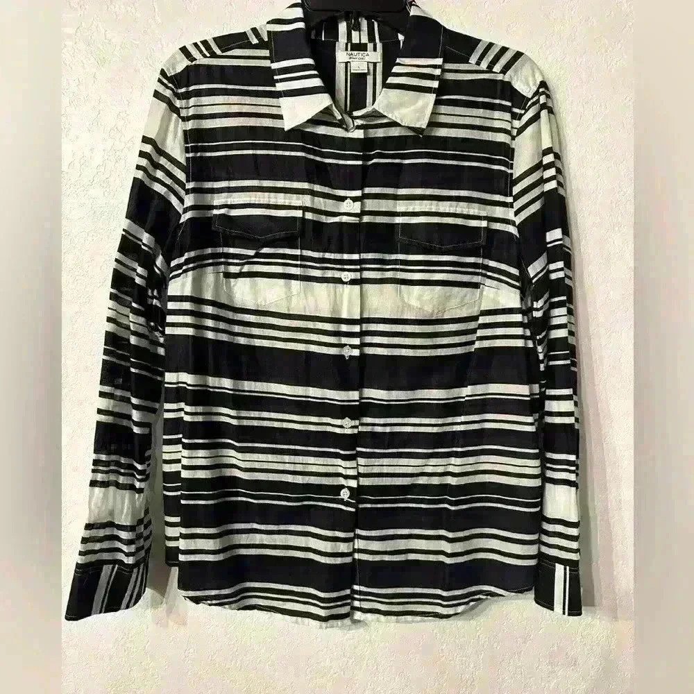 Nautica Women Black And White Long Sleeve Button-Down Shirt Large